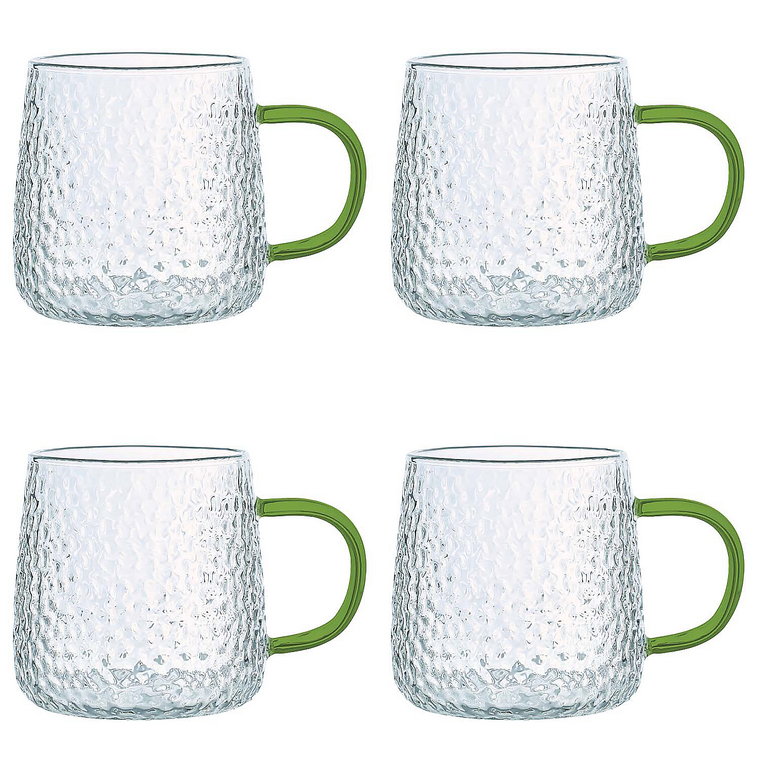 Szklanki żłobione MG Home Deco, 4 sztuki, 350 ml, z zielonym uchem