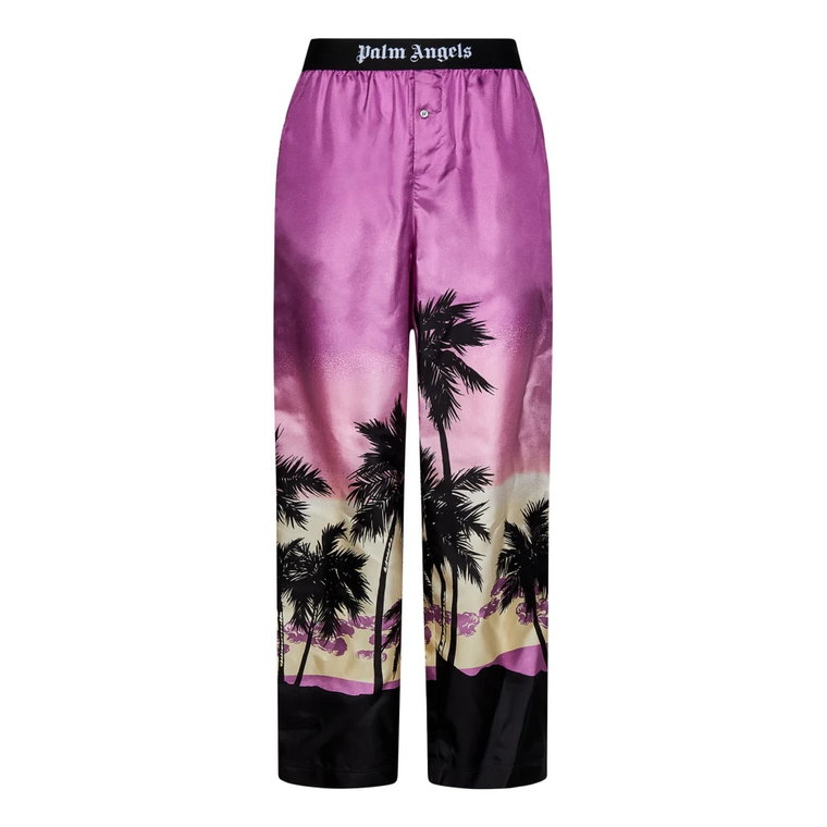 Fioletowe jedwabne spodnie z nadrukiem palmowym Palm Angels