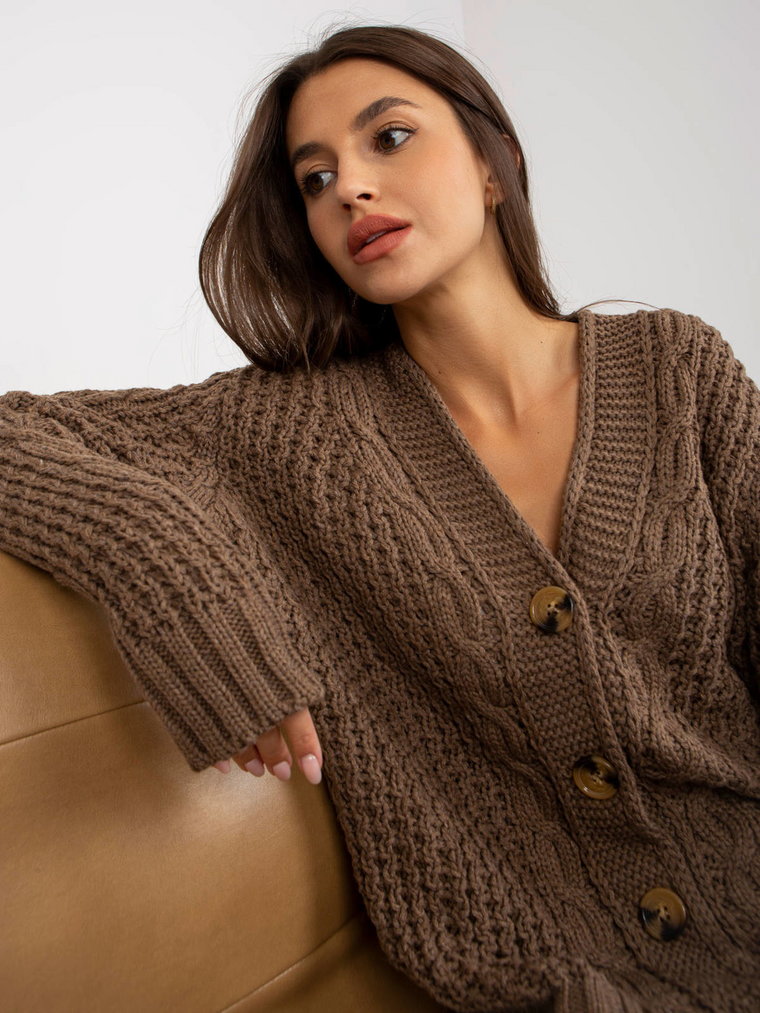Sweter rozpinany brązowy casual dekolt w kształcie V rękaw długi guziki