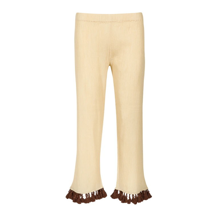 Klasyczne Elastyczne Spodnie z Haftem w Piaskowym Kolorze Douuod Woman
