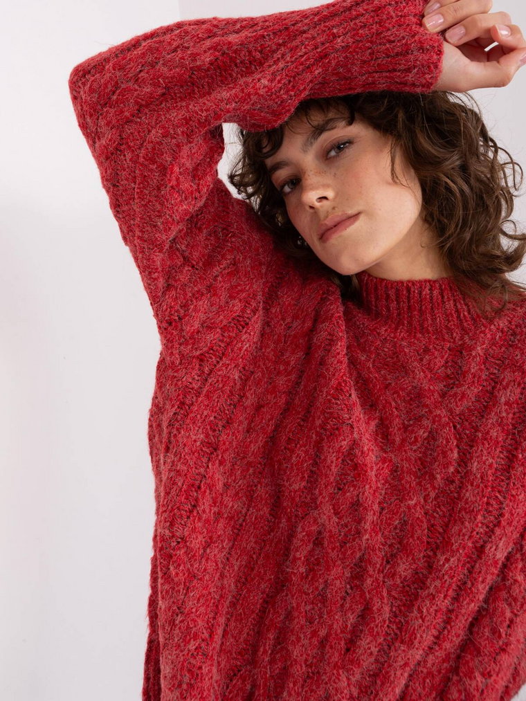 Sweter z warkoczami ciemny czerwony casual dekolt półgolf