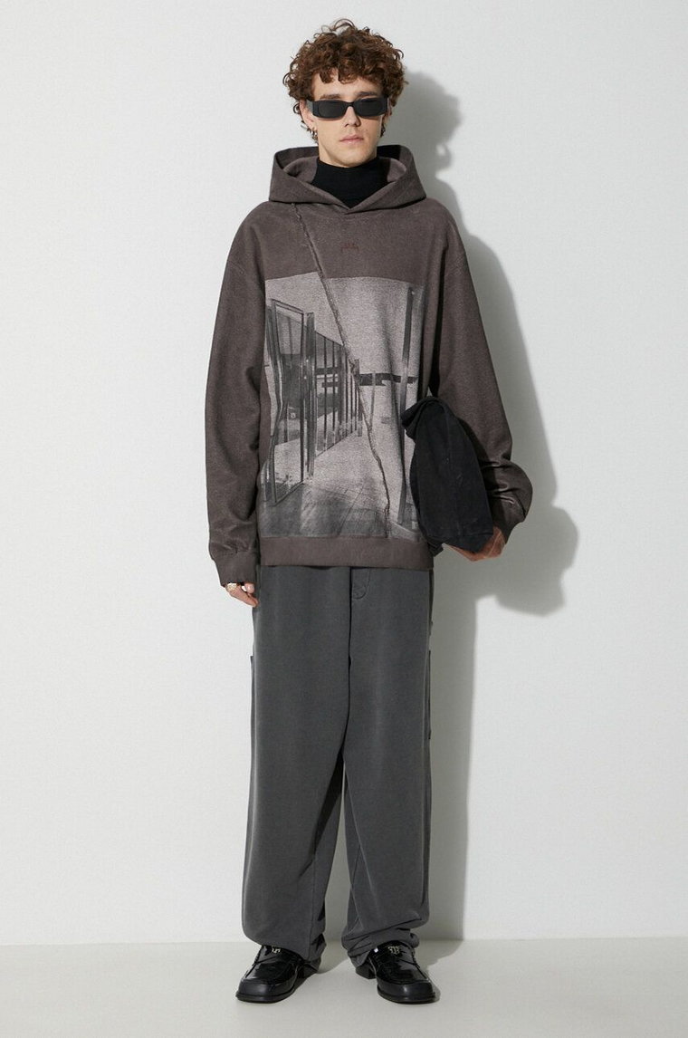 A-COLD-WALL* bluza bawełniana PAVILION HOODIE męska kolor brązowy z kapturem z nadrukiem ACWMW136B