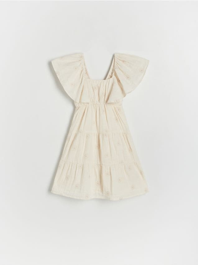 Reserved - Muślinowa sukienka z haftem - złamana biel