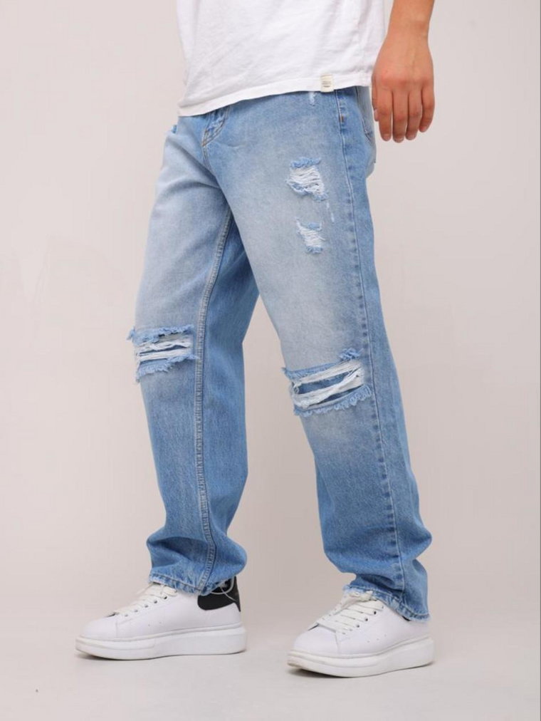 Szerokie Spodnie Jeansowe Baggy i8 Denim Niebieskie Damage