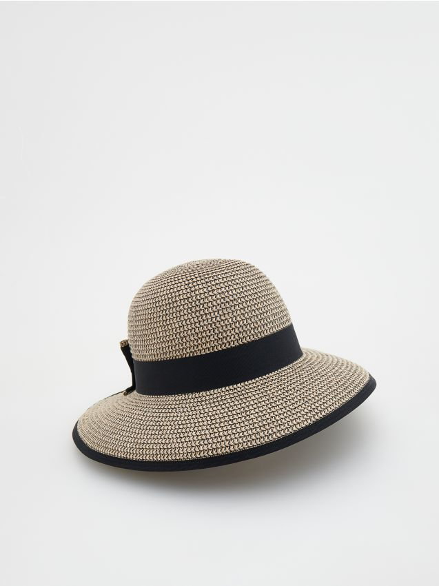 Reserved - Pleciony kapelusz z kokardą - beżowy