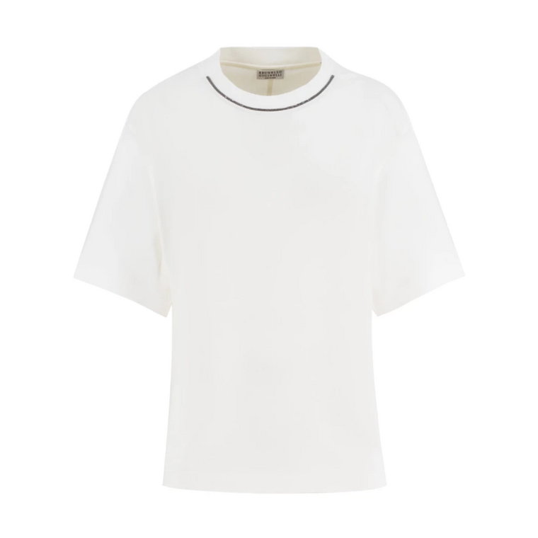 Bianco Ss24 Haftowane Bawełniane T-Shirt Brunello Cucinelli
