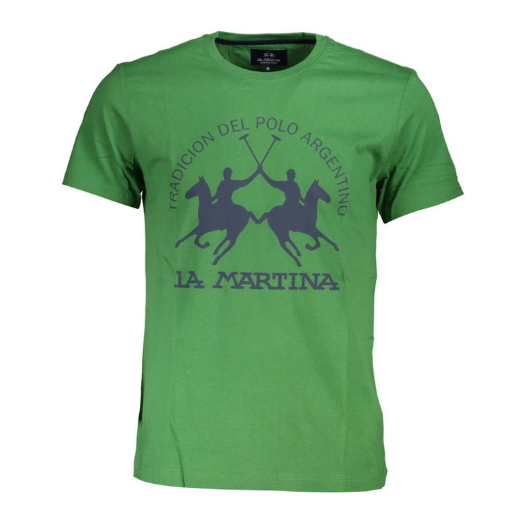 Zielona Bawełniana Koszulka, Krótkie Rękawy, Regularny Krój, Okrągły Dekolt, Nadruk, Logo La Martina