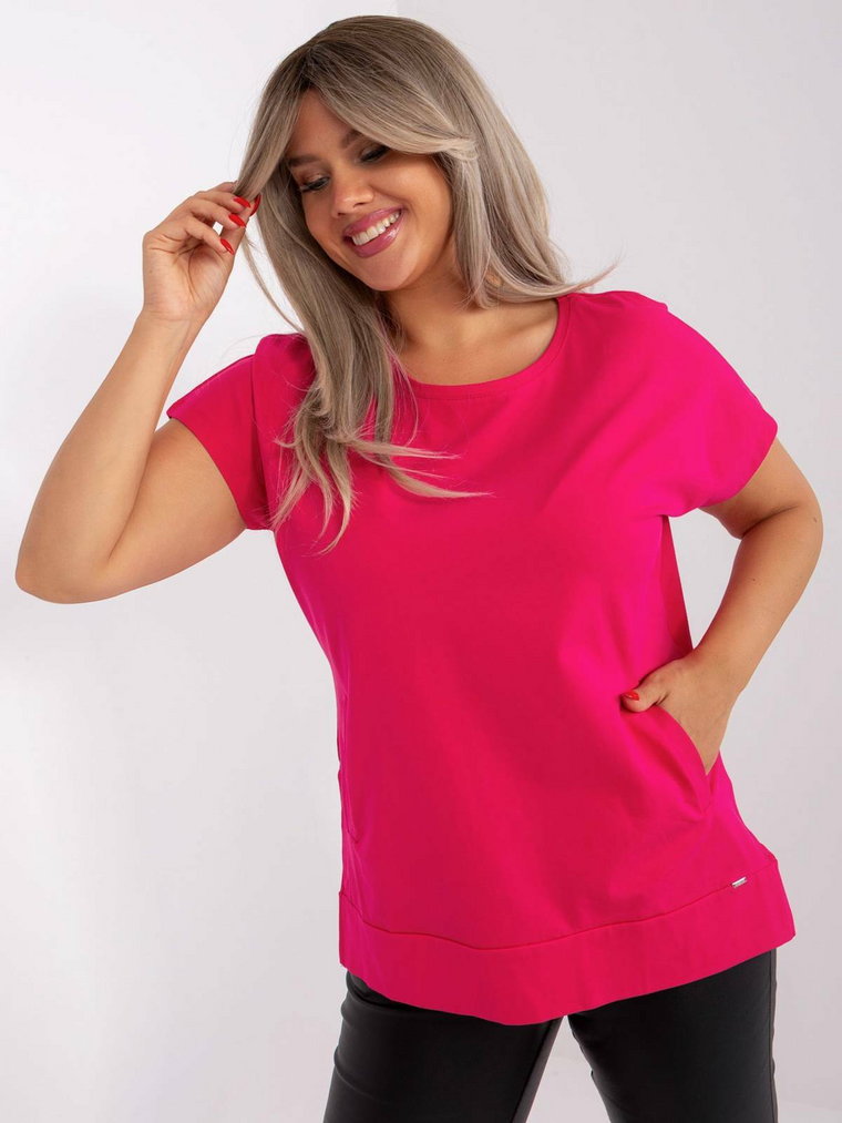 Bluzka plus size fuksjowy casual codzienna dekolt okrągły rękaw krótki kieszenie