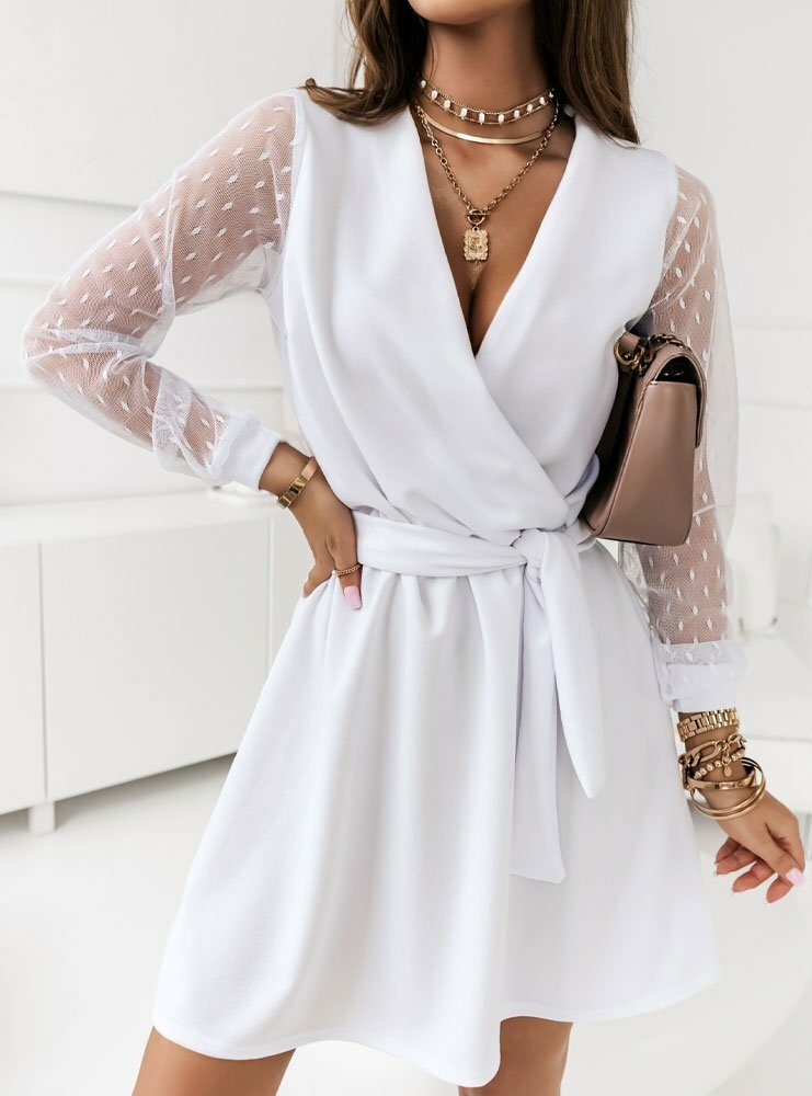 Biała sukienka z przekładanym dekoltem i tiulowymi rękawami Sandera - biały