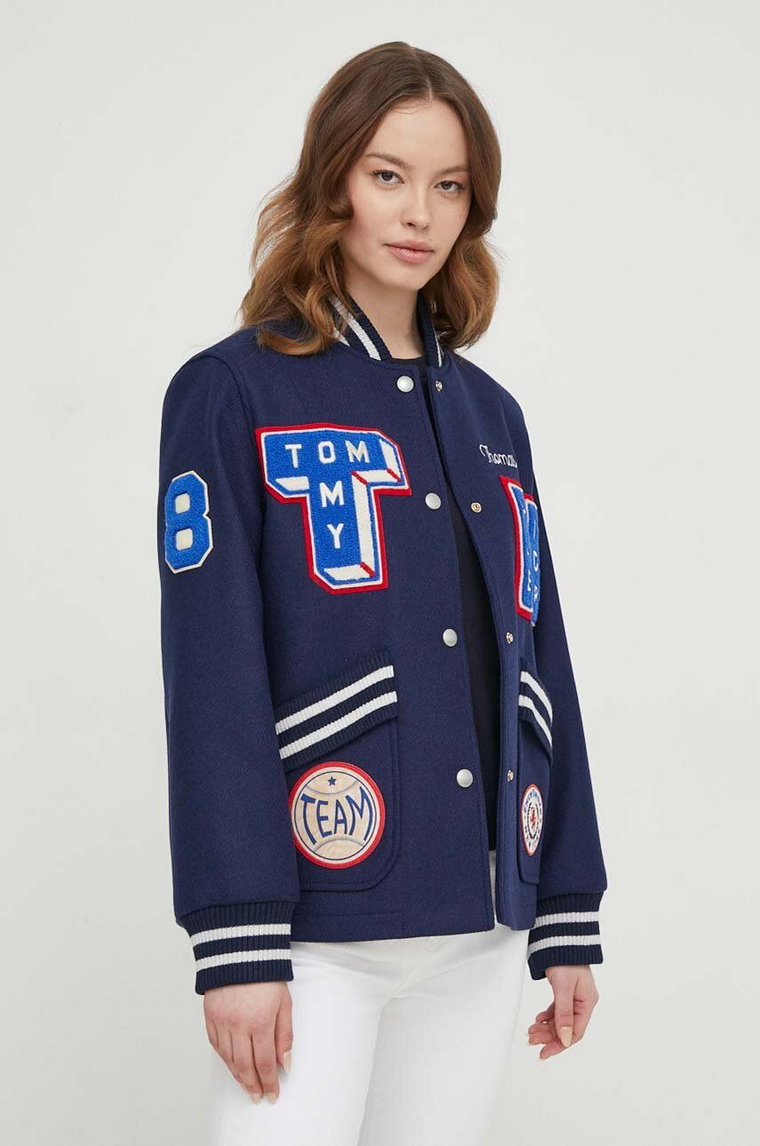 Tommy Hilfiger kurtka bomber wełniana kolor granatowy przejściowa WW0WW40479