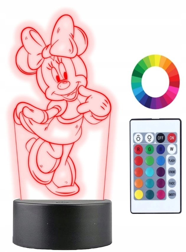 Lampka Nocna 3D Led Myszka Minnie Miki Imię Grawer