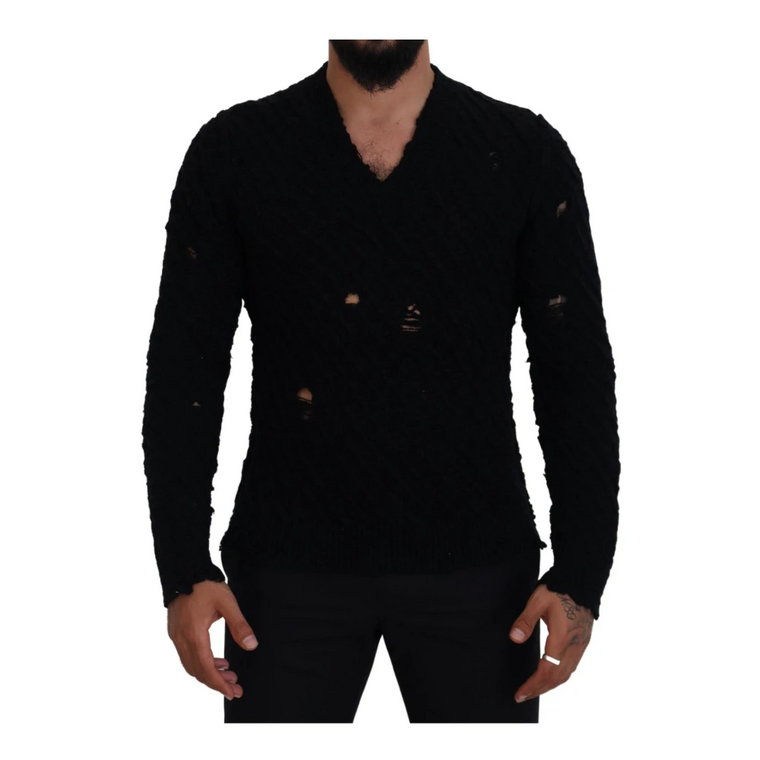 Black Wool V-neck Knitted Pullover Sweater Dolce & Gabbana