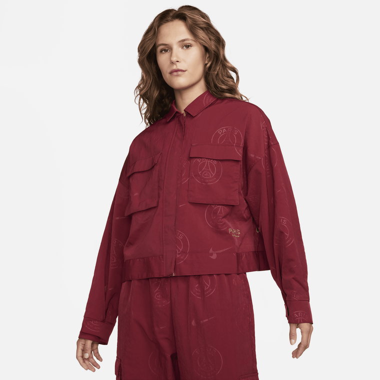 Damska kurtka z tkaniny z grafiką Nike Paris Saint-Germain Essential - Czerwony