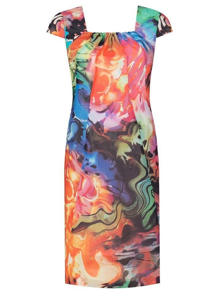 Kolorowa sukienka z szyfonu Mirka, kreacja z ozdobnym dekoltem karo.