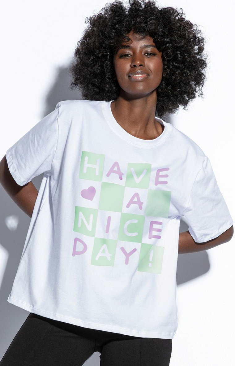 T-shirt damski z aplikacją F1821, Kolor biały-wzór, Rozmiar S/M, Fobya