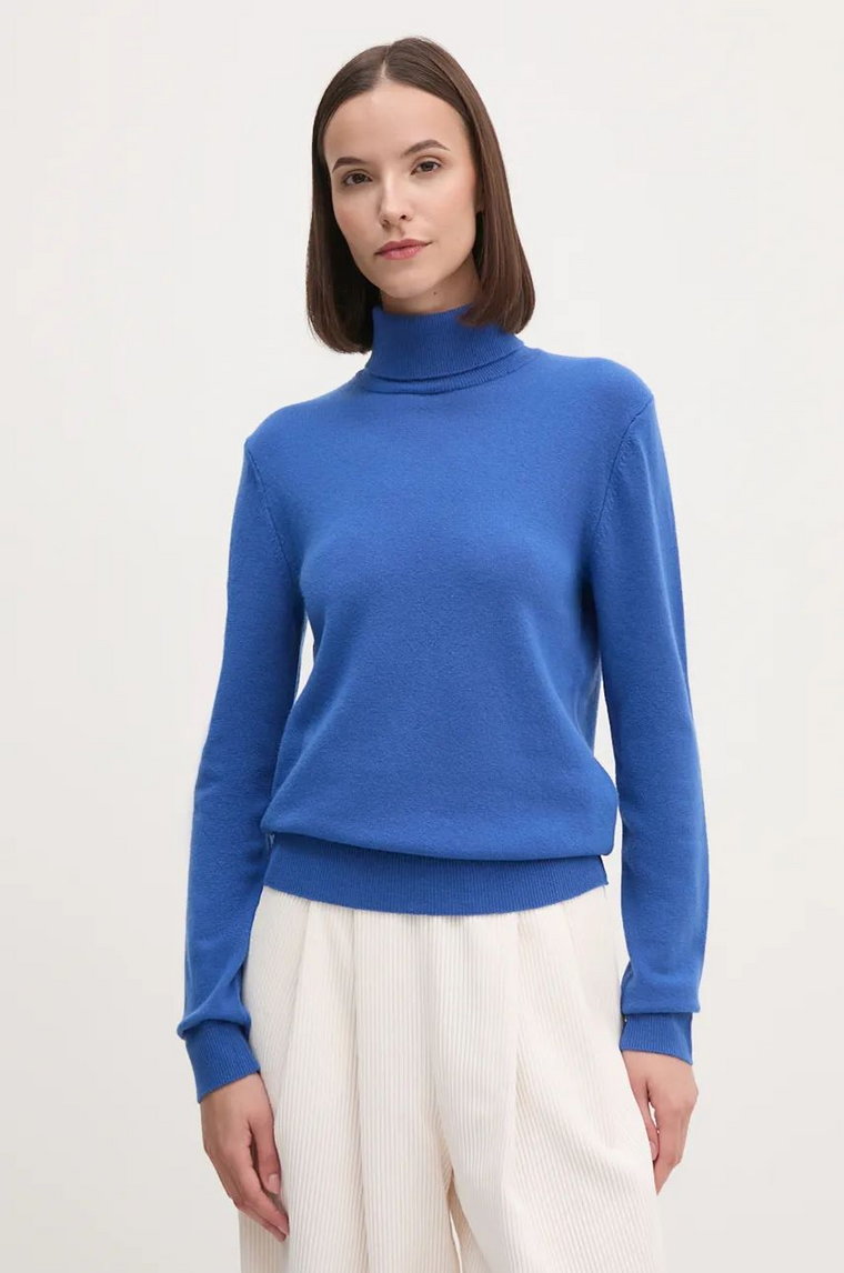 United Colors of Benetton sweter wełniany damski kolor niebieski lekki z golfem 1002D2348