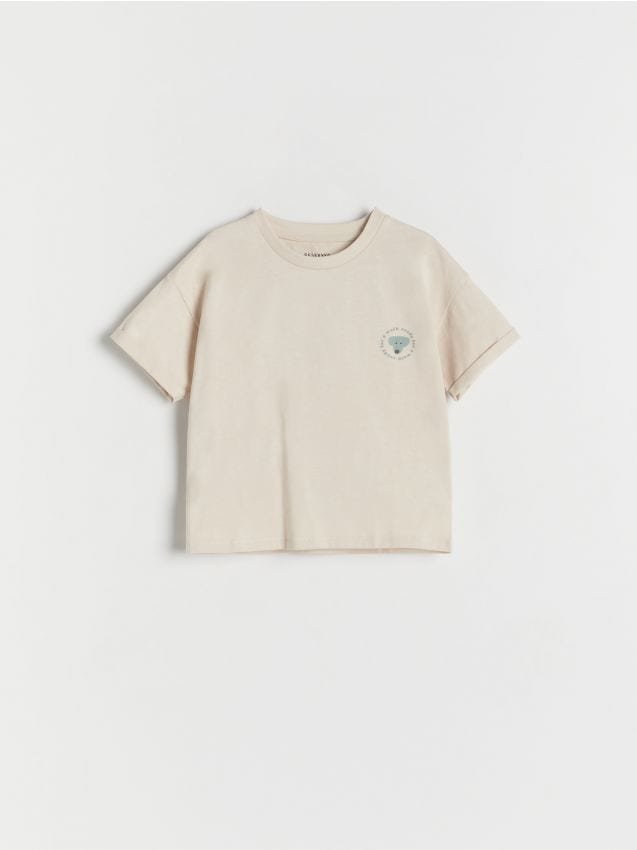 Reserved - Bawełniany t-shirt oversize - kremowy