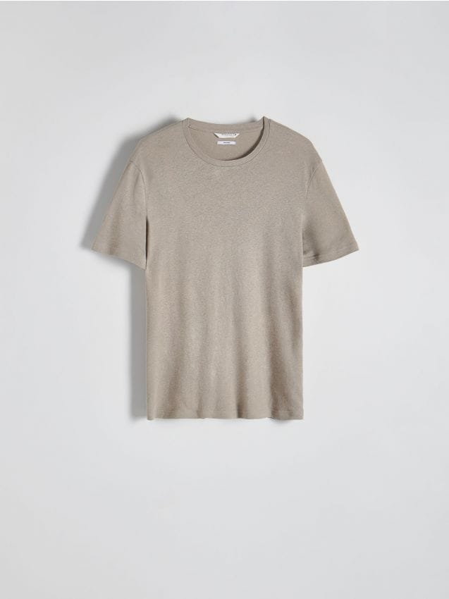 Reserved - T-shirt regular fit z lnem - oliwkowy