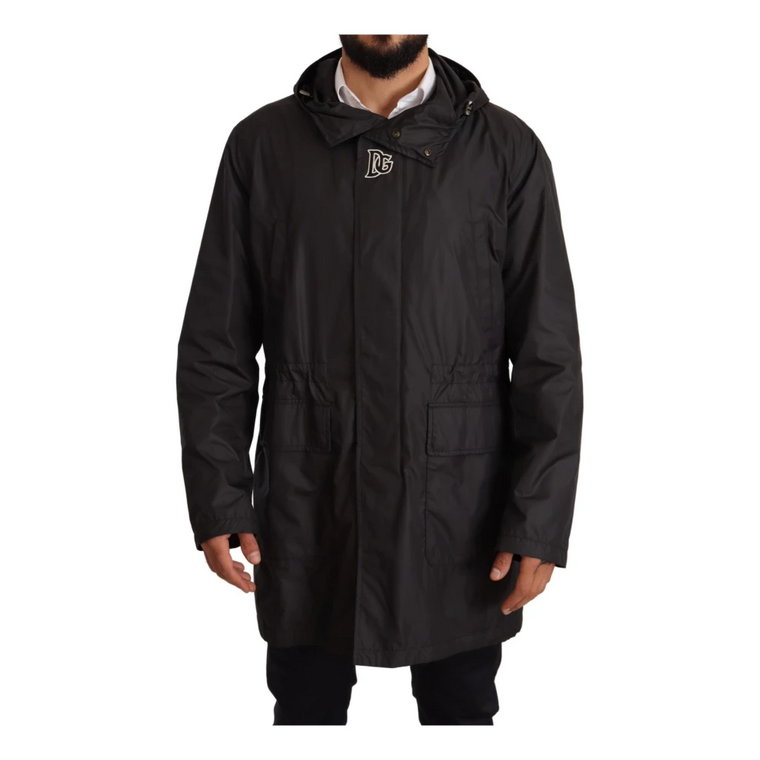Black Hooded Mens Trench Coat Jacket Dolce & Gabbana