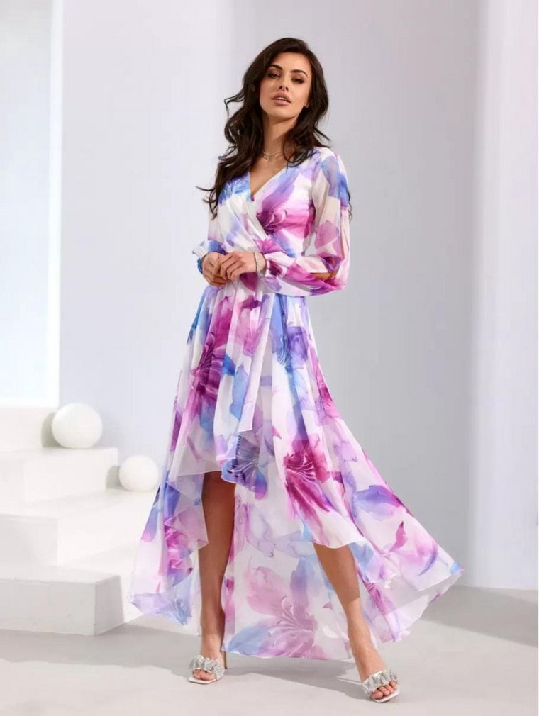 Szyfonowa sukienka asymetryczna maxi Luca z błękitem i fioletem