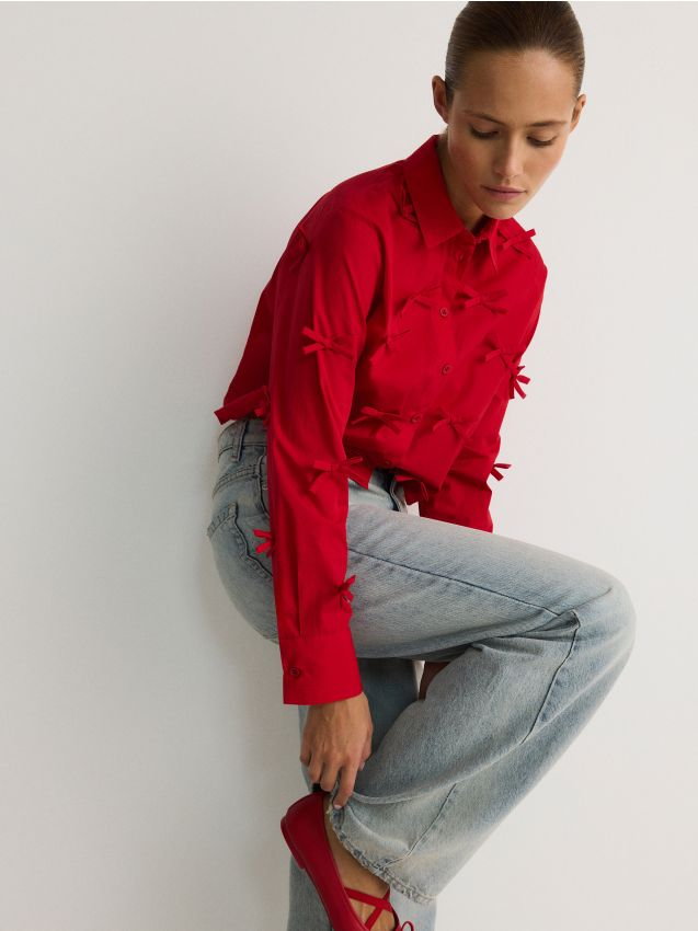 Reserved - Krótka koszula z kokardkami - czerwony
