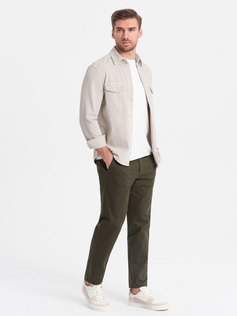 Spodnie męskie chino SLIM FIT z delikatną teksturą - ciemnooliwkowe V4 OM-PACP-0190