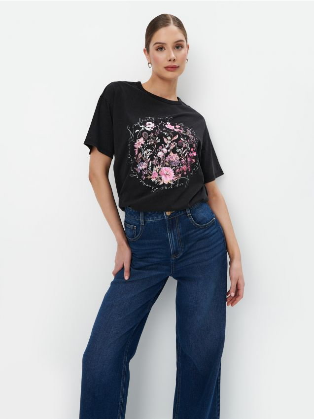 Mohito - T-shirt z kwiatowym nadrukiem - czarny