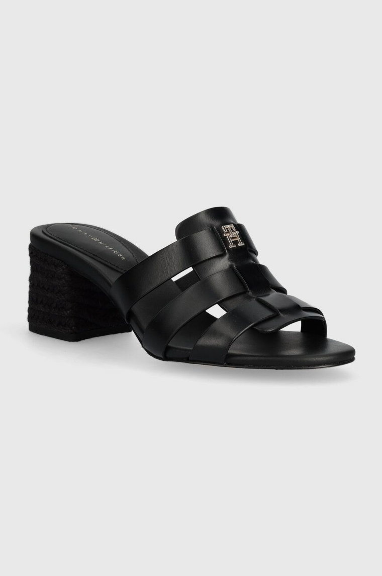 Tommy Hilfiger klapki skórzane BLOCK MID HEEL LEATHER SANDAL damskie kolor czarny na słupku FW0FW08049