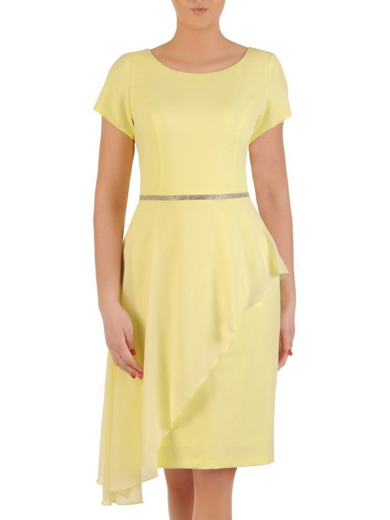 Żółta sukienka na wiosnę, kreacja z ozdobną, asymetryczną falbaną 29253