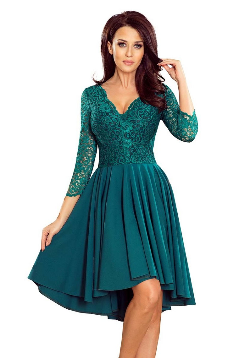 Zielona Wieczorowa Asymetryczna Sukienka z Koronką
