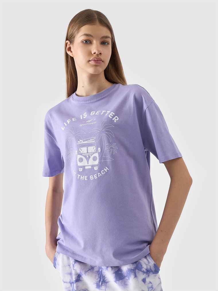 T-shirt oversize z nadrukiem dziewczęcy - fioletowy