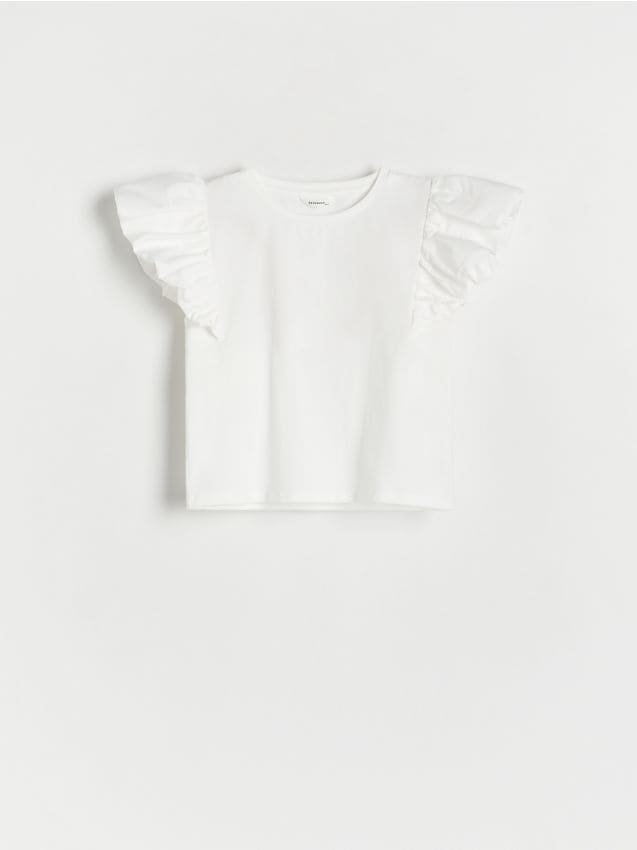 Reserved - Bawełniany t-shirt z falbanką - złamana biel