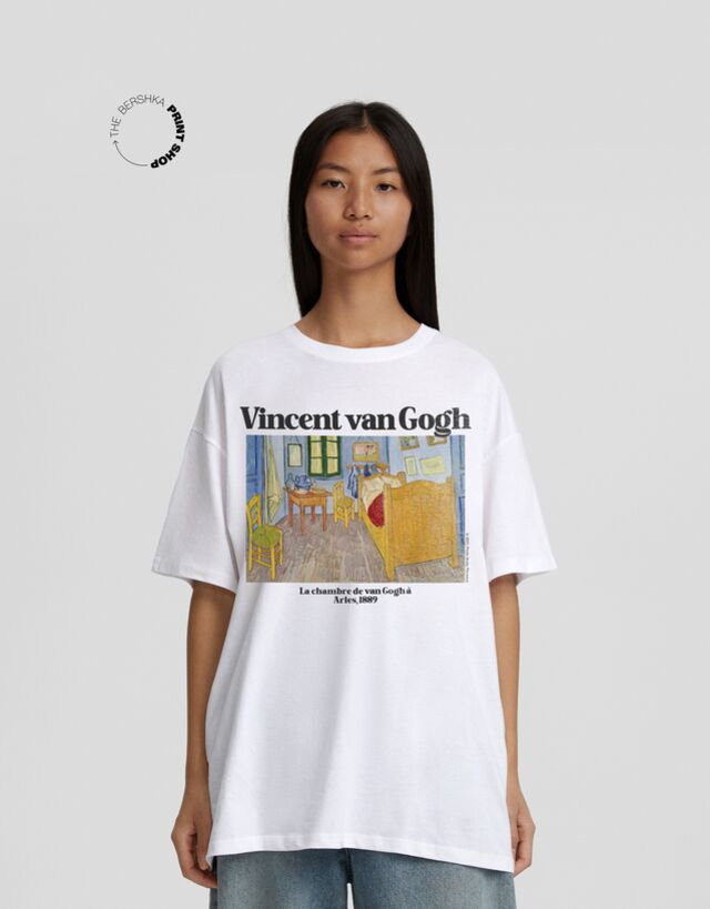 Bershka Vincent Van Gogh  Koszulka Oversize Z Krótkim Rękawem I Nadrukiem Kobieta 10-12 Biały