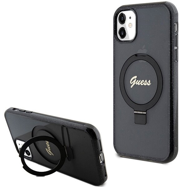 Guess GUHMN61HRSGSK iPhone 11 / Xr 6.1" czarny/black hardcase Ring Stand Script Glitter MagSafe