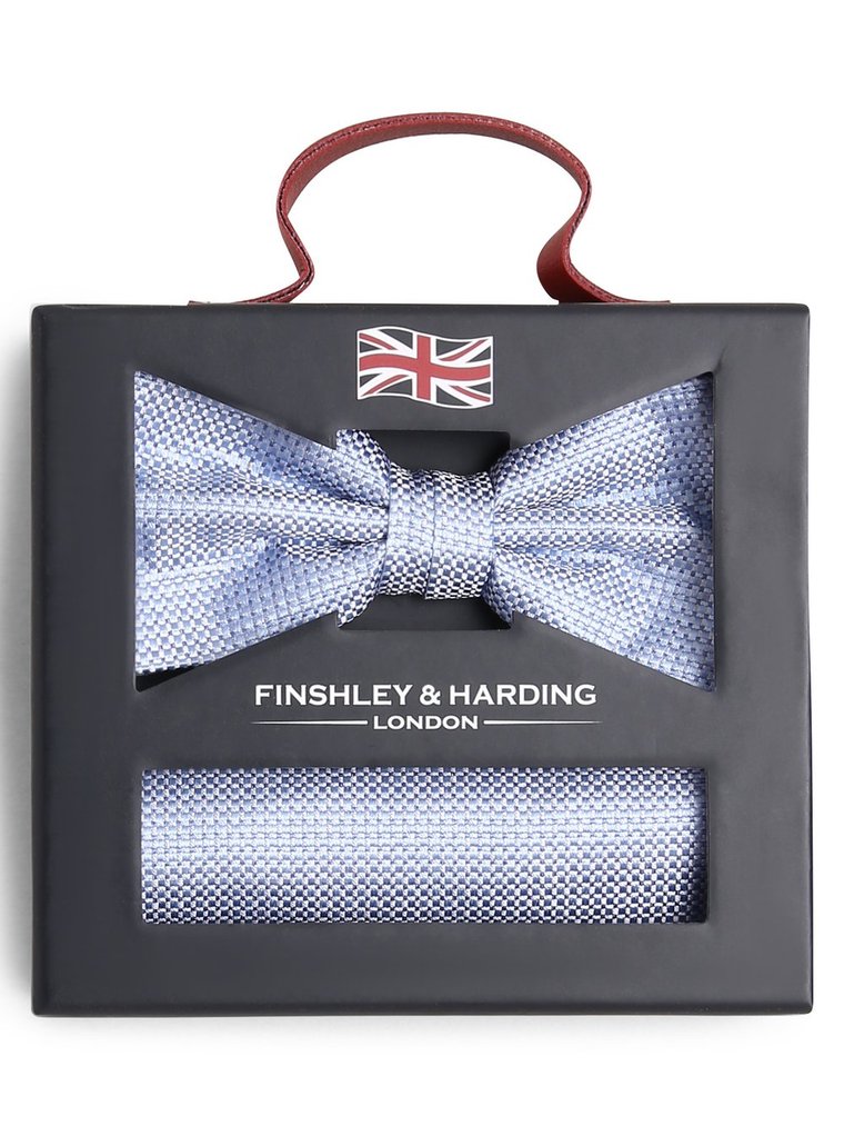 Finshley & Harding London Męska jedwabna muszka i poszetka Mężczyźni Jedwab niebieski wypukły wzór tkaniny, ONE SIZE