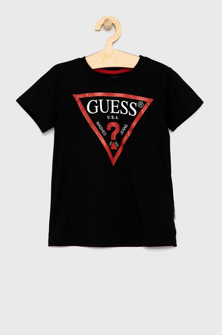 Guess T-shirt bawełniany dziecięcy kolor czarny z nadrukiem