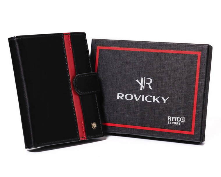 Elegancki, skórzany portfel męski z czerwonym akcentem  Rovicky