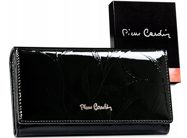 Duży damski portfel lakierowany z motywem liści, skóra naturalna  Pierre Cardin