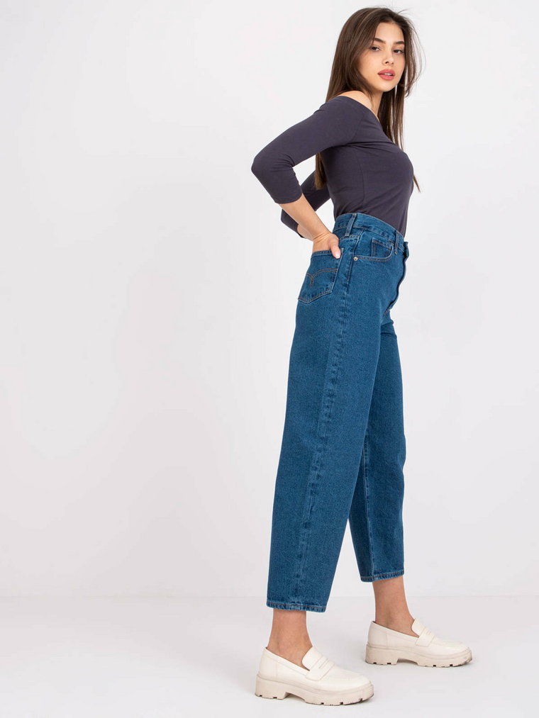 Spodnie jeans jeansowe ciemny niebieski wide leg guziki