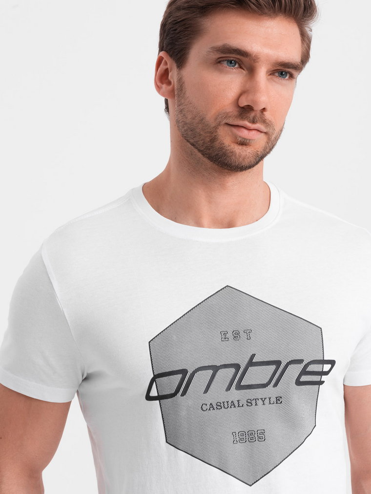 T-shirt męski bawełniany z nadrukiem geometrycznym i logotypem - biały V1 OM-TSPT-0141