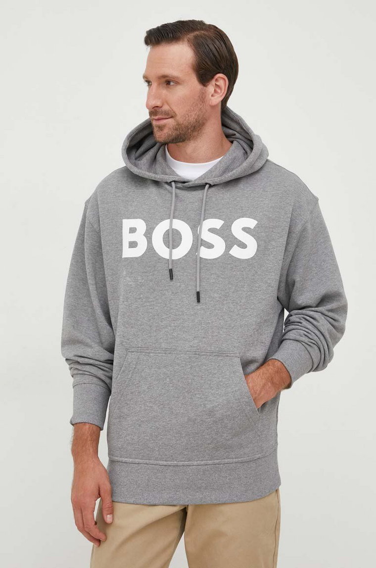 BOSS bluza bawełniana BOSS ORANGE męska kolor szary z kapturem z nadrukiem 50487134