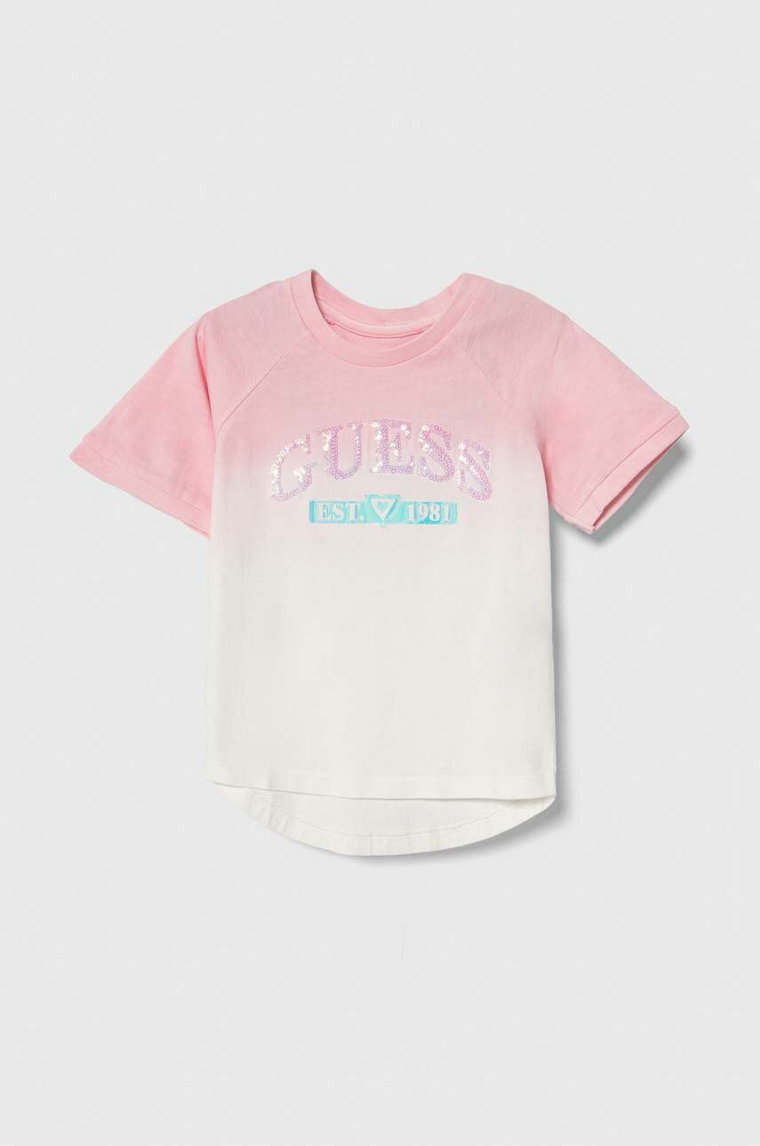 Guess t-shirt bawełniany dziecięcy kolor różowy