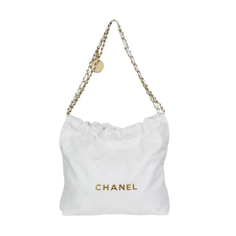 Używana biała skórzana torba na ramię z pikowanymi złotymi elementami Chanel Vintage