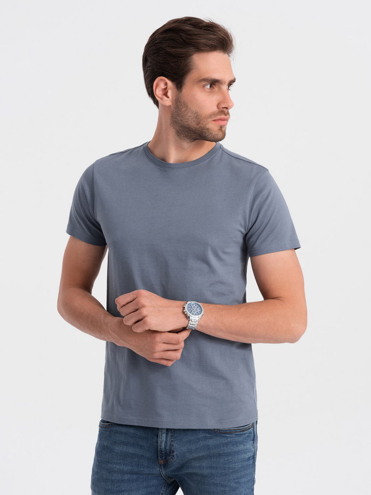 Klasyczny T-shirt męski bawełniany BASIC - jeansowy V5 OM-TSBS-0146