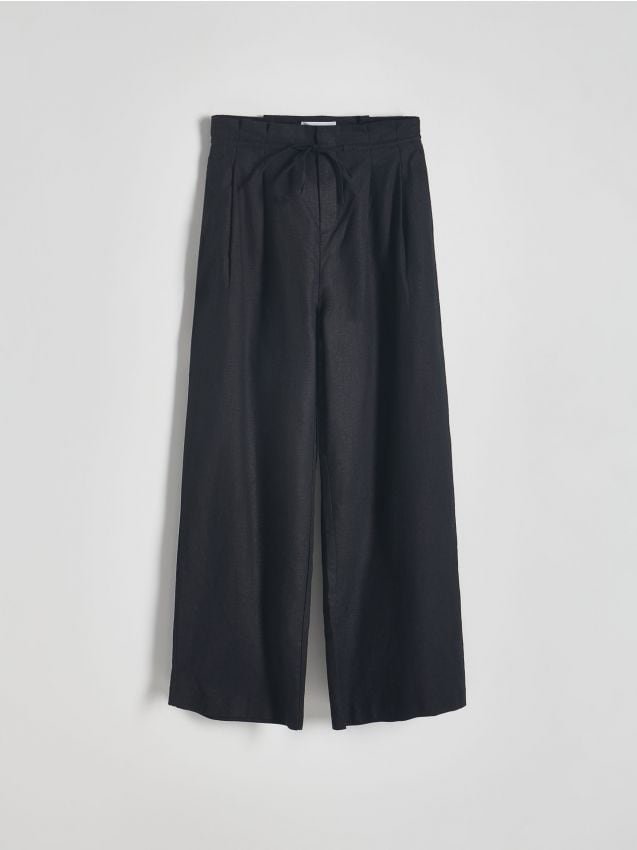 Reserved - Szerokie spodnie z zakładkami i lnem - czarny