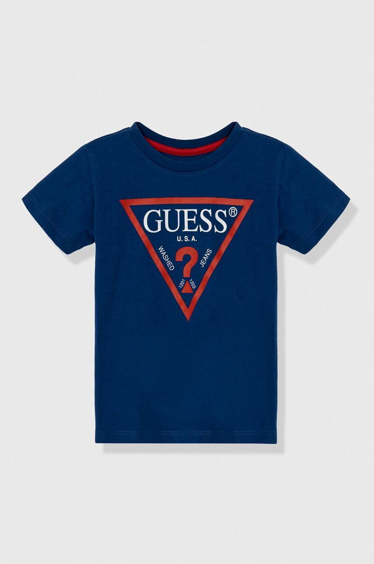 Guess t-shirt bawełniany dziecięcy kolor niebieski z nadrukiem