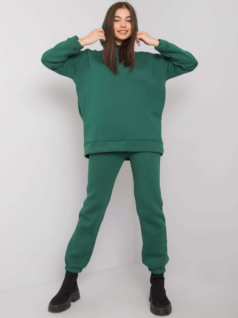 Komplet dresowy ciemny zielony casual sportowy bluza i spodnie kaptur rękaw długi nogawka ze ściągaczem długość długa