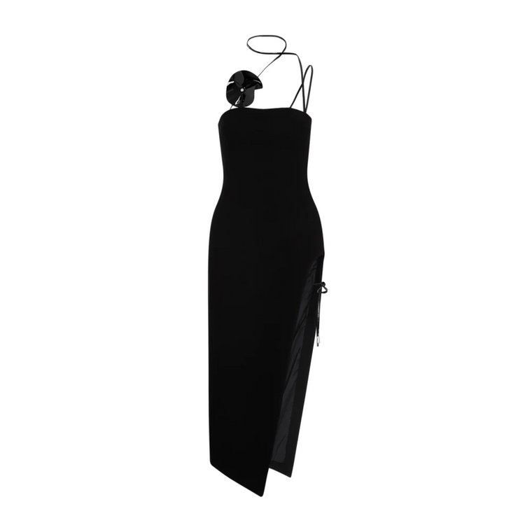 Czarna Sukienka Midi z wełny z dekoltem na szyi David Koma