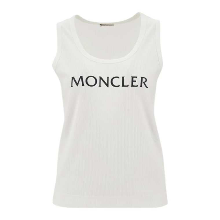 Biała, żebrowana koszulka z bawełny z kontrastowym logo Moncler