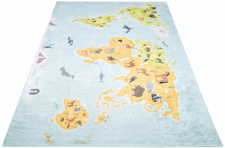 Niebiesko-kolorowy dywan dla dzieci z mapą - Asan 3X